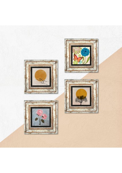 Minimalist, Kelebek, Pembe Ortanca Çiçeği Çerçeveli Taş Duvar Tablosu 4’lü Set - Dekoratif Modern Sanat, Ev ve Ofis Dekoru |TK4-1891| indirimleri