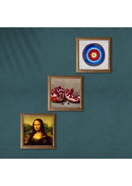Nazar, Leonardo da Vinci Mona Lisa, Nar Taş Duvar Tablosu Ahşap Çerçeveli Duvar Dekoru 3 Parça Tablo Seti Wall Art W3-1441 modelleri