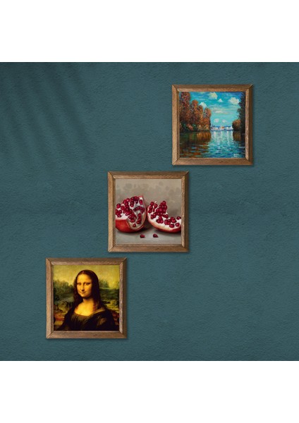 Claude Monet Sonbahar, Leonardo da Vinci Mona Lisa, Nar Taş Duvar Tablosu Ahşap Çerçeveli Duvar Dekoru 3 Parça Tablo Seti Wall Art W3-1445 modelleri