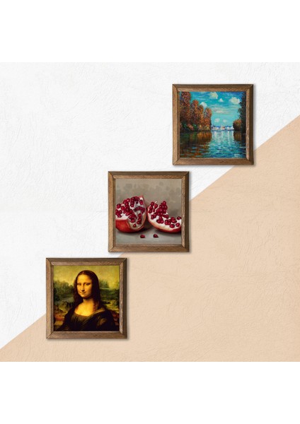 Claude Monet Sonbahar, Leonardo da Vinci Mona Lisa, Nar Taş Duvar Tablosu Ahşap Çerçeveli Duvar Dekoru 3 Parça Tablo Seti Wall Art W3-1445 indirimleri