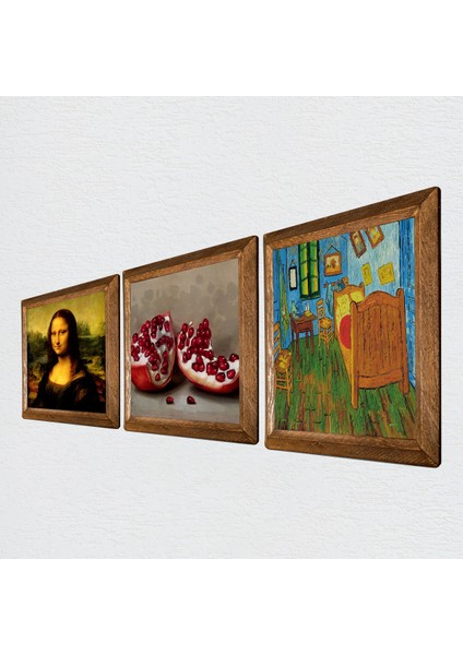 Van Gogh Yatak Odası, Leonardo da Vinci Mona Lisa, Nar Taş Duvar Tablosu Ahşap Çerçeveli Duvar Dekoru 3 Parça Tablo Seti Wall Art W3-1451