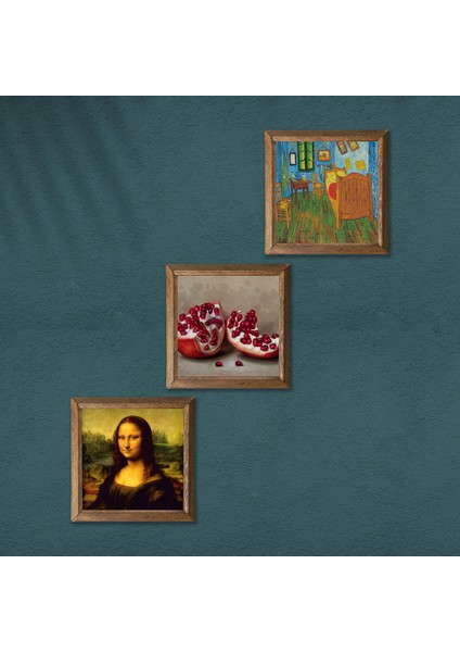 Van Gogh Yatak Odası, Leonardo da Vinci Mona Lisa, Nar Taş Duvar Tablosu Ahşap Çerçeveli Duvar Dekoru 3 Parça Tablo Seti Wall Art W3-1451