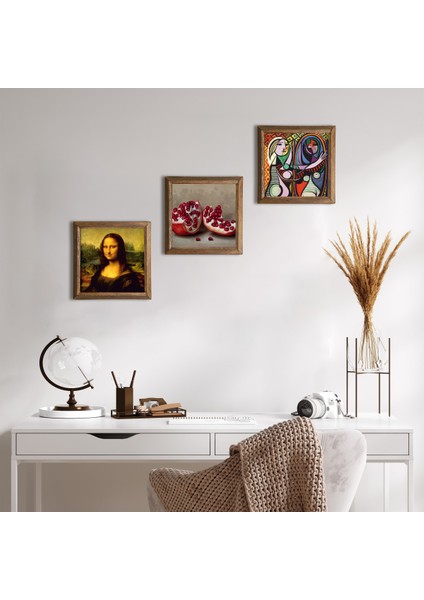 Picasso Ayna Karşısındaki Kız, Da Vinci Mona Lisa, Nar Taş Duvar Tablosu Ahşap Çerçeveli Duvar Dekoru 3 Parça Tablo Seti Wall Art W3-1454