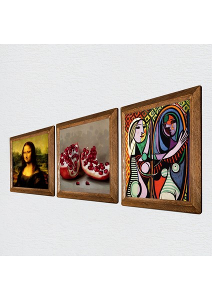 Picasso Ayna Karşısındaki Kız, Da Vinci Mona Lisa, Nar Taş Duvar Tablosu Ahşap Çerçeveli Duvar Dekoru 3 Parça Tablo Seti Wall Art W3-1454