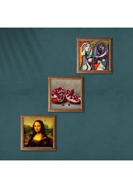 Picasso Ayna Karşısındaki Kız, Da Vinci Mona Lisa, Nar Taş Duvar Tablosu Ahşap Çerçeveli Duvar Dekoru 3 Parça Tablo Seti Wall Art W3-1454