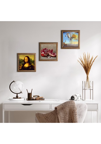 Stone Salvador Dalí, Leonardo da Vinci Mona Lisa, Nar Ahşap Çerçeveli Taş Duvar Tablosu 3’lü Set – 25x25 cm Dekoratif Modern Sanat – Ev ve Ofis Dekoru |W3-1458|