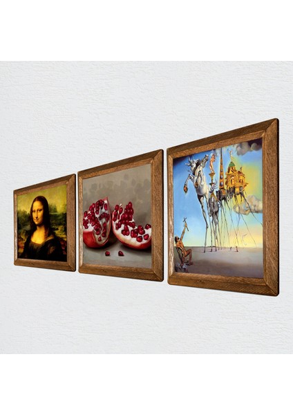 Stone Salvador Dalí, Leonardo da Vinci Mona Lisa, Nar Ahşap Çerçeveli Taş Duvar Tablosu 3’lü Set – 25x25 cm Dekoratif Modern Sanat – Ev ve Ofis Dekoru |W3-1458| fiyatları