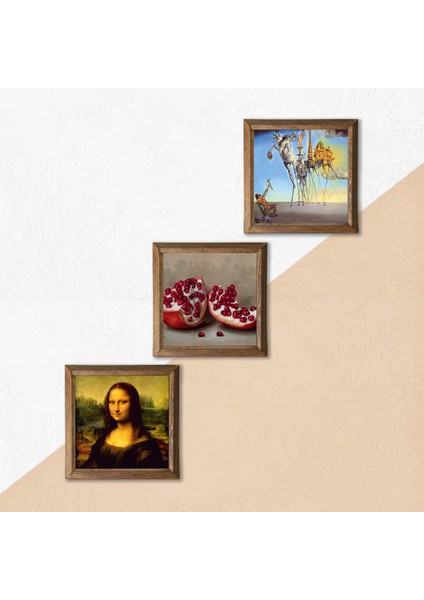 Stone Salvador Dalí, Leonardo da Vinci Mona Lisa, Nar Ahşap Çerçeveli Taş Duvar Tablosu 3’lü Set – 25x25 cm Dekoratif Modern Sanat – Ev ve Ofis Dekoru |W3-1458| indirimleri