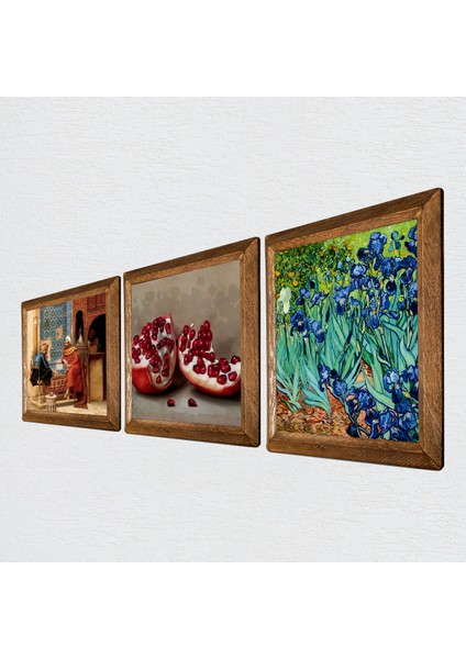 Van Gogh İrisler, Satranç Oyunu, Nar Taş Duvar Tablosu Ahşap Çerçeveli Duvar Dekoru 3 Parça Tablo Seti Wall Art W3-1592