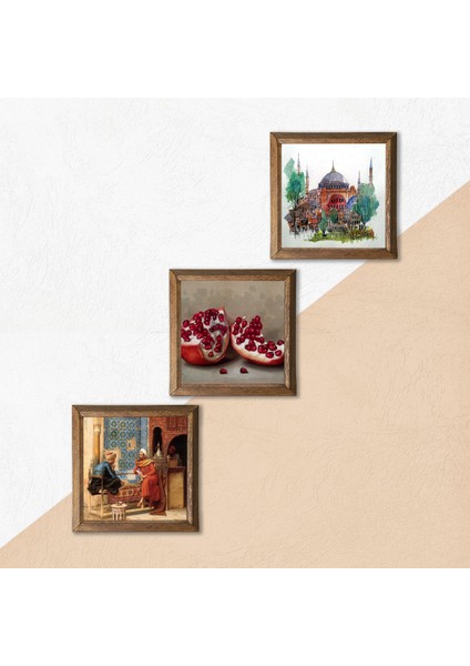 İstanbul Ayasofya, Satranç Oyunu, Nar Taş Duvar Tablosu Ahşap Çerçeveli Duvar Dekoru 3 Parça Tablo Seti Wall Art W3-1599 indirimleri