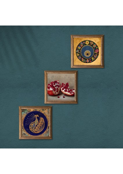 Tavus Kuşu, Nazar Boncuğu, Nar Taş Duvar Tablosu Ahşap Çerçeveli Duvar Dekoru 3 Parça Tablo Seti Wall Art W3-1607