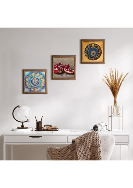 Mandala, Nazar, Nar Taş Duvar Tablosu Ahşap Çerçeveli Duvar Dekoru 3 Parça Tablo Seti Wall Art W3-1615