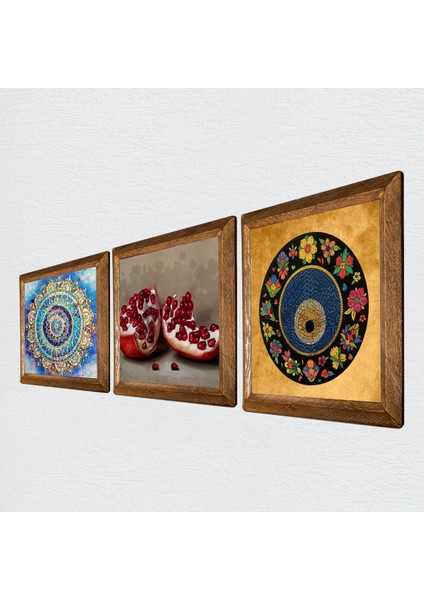 Mandala, Nazar, Nar Taş Duvar Tablosu Ahşap Çerçeveli Duvar Dekoru 3 Parça Tablo Seti Wall Art W3-1615