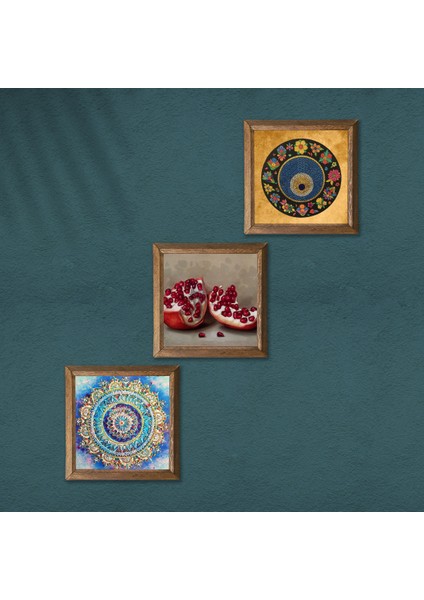 Mandala, Nazar, Nar Taş Duvar Tablosu Ahşap Çerçeveli Duvar Dekoru 3 Parça Tablo Seti Wall Art W3-1615