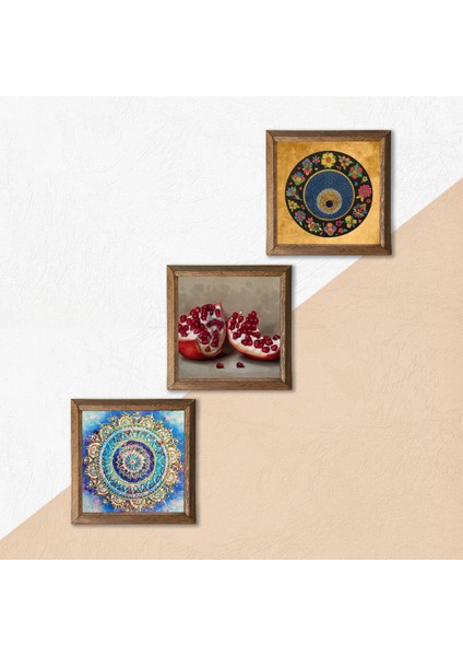 Mandala, Nazar, Nar Taş Duvar Tablosu Ahşap Çerçeveli Duvar Dekoru 3 Parça Tablo Seti Wall Art W3-1615
