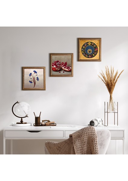 Ebru Sanatı, Nazar, Nar Taş Duvar Tablosu Ahşap Çerçeveli Duvar Dekoru 3 Parça Tablo Seti Wall Art W3-1619