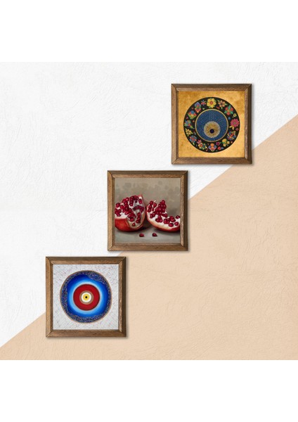 Nazar, Nar Taş Duvar Tablosu Ahşap Çerçeveli Duvar Dekoru 3 Parça Tablo Seti Wall Art W3-1621 indirimleri