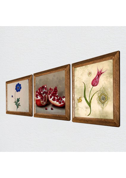 Ebru Sanatı, Lale, Nar Taş Duvar Tablosu Ahşap Çerçeveli Duvar Dekoru 3 Parça Tablo Seti Wall Art W3-1626