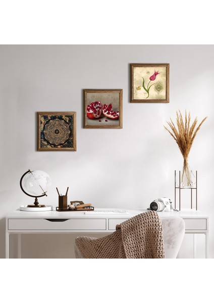 Sri Yantra, Lale Ebru Sanatı, Nar Taş Duvar Tablosu Ahşap Çerçeveli Duvar Dekoru 3 Parça Tablo Seti Wall Art W3-1631