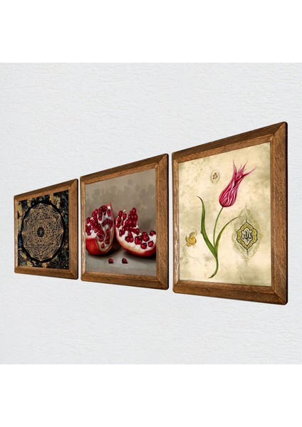 Sri Yantra, Lale Ebru Sanatı, Nar Taş Duvar Tablosu Ahşap Çerçeveli Duvar Dekoru 3 Parça Tablo Seti Wall Art W3-1631