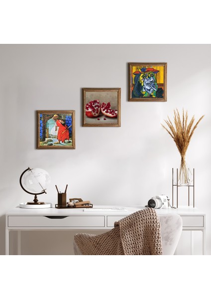 Picasso Ağlayan Kadın, Kaplumbağa Terbiyecisi, Nar Taş Duvar Tablosu Ahşap Çerçeveli Duvar Dekoru 3 Parça Tablo Seti Wall Art W3-1580