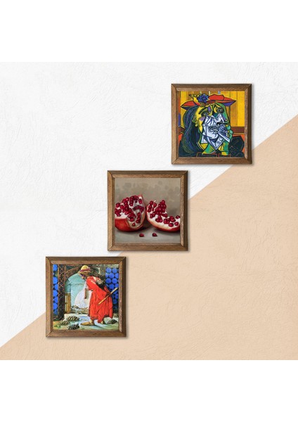 Picasso Ağlayan Kadın, Kaplumbağa Terbiyecisi, Nar Taş Duvar Tablosu Ahşap Çerçeveli Duvar Dekoru 3 Parça Tablo Seti Wall Art W3-1580 indirimleri