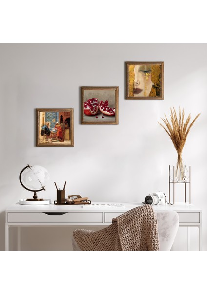 Gustav Klimt Altın Gözyaşları, Satranç Oyunu, Nar Taş Duvar Tablosu Ahşap Çerçeveli Duvar Dekoru 3 Parça Tablo Seti Wall Art W3-1587