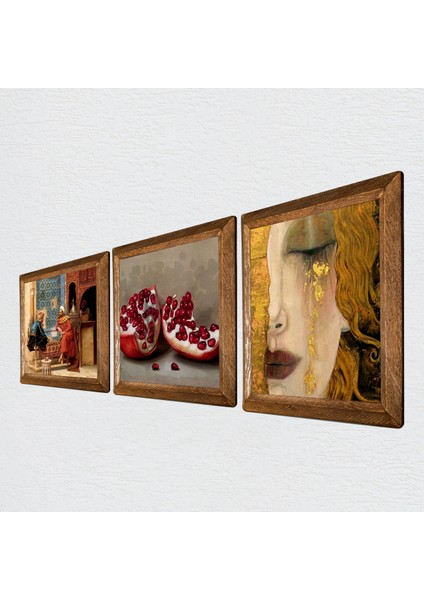 Gustav Klimt Altın Gözyaşları, Satranç Oyunu, Nar Taş Duvar Tablosu Ahşap Çerçeveli Duvar Dekoru 3 Parça Tablo Seti Wall Art W3-1587