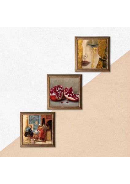 Gustav Klimt Altın Gözyaşları, Satranç Oyunu, Nar Taş Duvar Tablosu Ahşap Çerçeveli Duvar Dekoru 3 Parça Tablo Seti Wall Art W3-1587