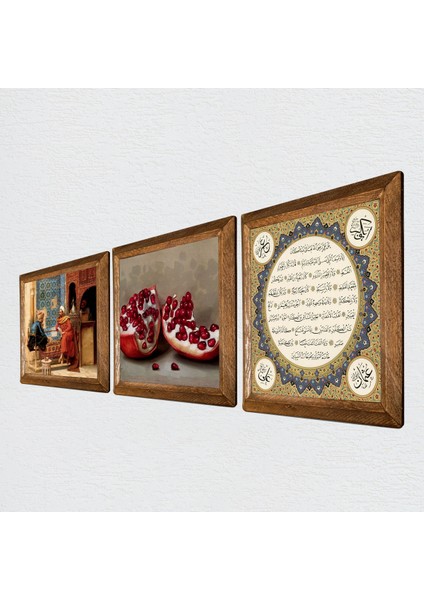 Hilye-i Şerif, Satranç Oyunu, Nar Taş Duvar Tablosu Ahşap Çerçeveli Duvar Dekoru 3 Parça Tablo Seti Wall Art W3-1589