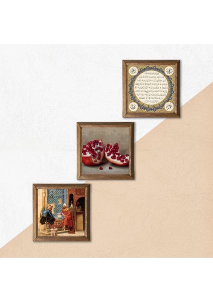 Hilye-i Şerif, Satranç Oyunu, Nar Taş Duvar Tablosu Ahşap Çerçeveli Duvar Dekoru 3 Parça Tablo Seti Wall Art W3-1589