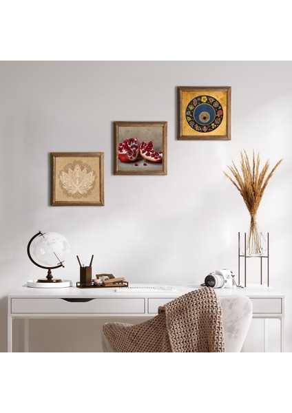 Lotus Çiçeği, Nazar, Nar Taş Duvar Tablosu Ahşap Çerçeveli Duvar Dekoru 3 Parça Tablo Seti Wall Art W3-1605