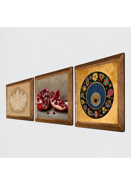 Lotus Çiçeği, Nazar, Nar Taş Duvar Tablosu Ahşap Çerçeveli Duvar Dekoru 3 Parça Tablo Seti Wall Art W3-1605