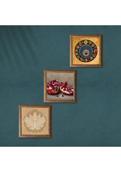 Lotus Çiçeği, Nazar, Nar Taş Duvar Tablosu Ahşap Çerçeveli Duvar Dekoru 3 Parça Tablo Seti Wall Art W3-1605