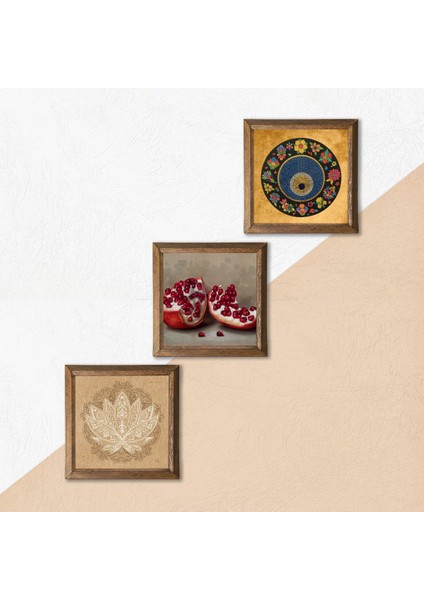 Lotus Çiçeği, Nazar, Nar Taş Duvar Tablosu Ahşap Çerçeveli Duvar Dekoru 3 Parça Tablo Seti Wall Art W3-1605