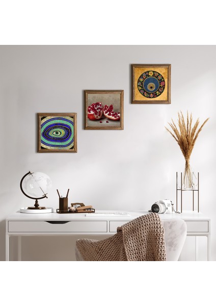Stone Nazar, Nar Ahşap Çerçeveli Taş Duvar Tablosu 3’lü Set – 25x25 cm Dekoratif Modern Sanat – Ev ve Ofis Dekoru |W3-1611|