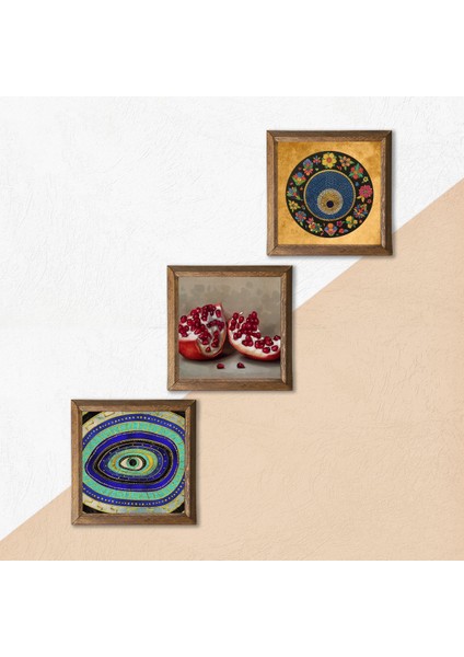 Stone Nazar, Nar Ahşap Çerçeveli Taş Duvar Tablosu 3’lü Set – 25x25 cm Dekoratif Modern Sanat – Ev ve Ofis Dekoru |W3-1611| indirimleri