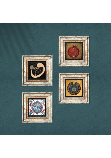Vav, Nazar, Bereket Duası, Çini Sanatı Taş Duvar Tablosu Çerçeveli Duvar Dekoru 4 Parça Tablo Seti Wall Art T4-218 fırsatları