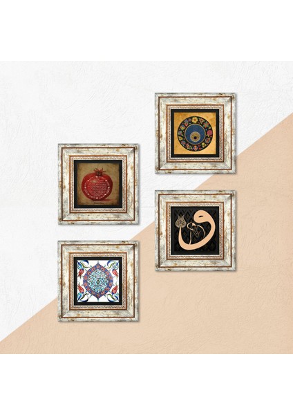 Vav, Nazar, Bereket Duası, Çini Sanatı Taş Duvar Tablosu Çerçeveli Duvar Dekoru 4 Parça Tablo Seti Wall Art T4-218 indirimleri