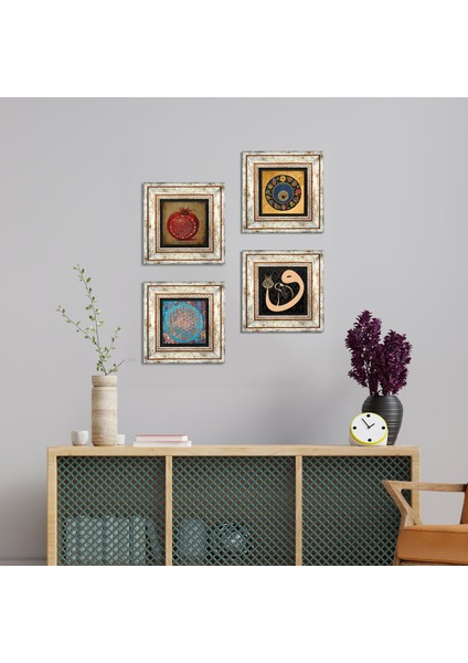 Yaşam Çiçeği, Vav, Nazar, Bereket Duası Taş Duvar Tablosu Çerçeveli Duvar Dekoru 4 Parça Tablo Seti Wall Art T4-220