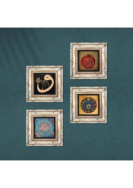 Yaşam Çiçeği, Vav, Nazar, Bereket Duası Taş Duvar Tablosu Çerçeveli Duvar Dekoru 4 Parça Tablo Seti Wall Art T4-220