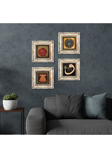 Hırka-i Şerif, Vav, Nazar, Bereket Duası Taş Duvar Tablosu Çerçeveli Duvar Dekoru 4 Parça Tablo Seti Wall Art T4-240