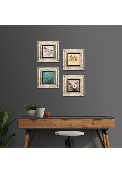 Gül, Vintage Çiçek, Van Gogh Badem Ağacı, Kelebekli Çiçek Çerçeveli Taş Duvar Tablosu 4’lü Set - Dekoratif Modern Sanat, Ev ve Ofis Dekoru |TK4-1865|