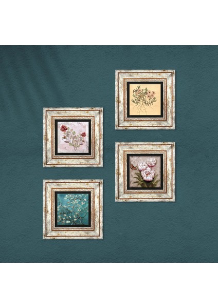 Gül, Vintage Çiçek, Van Gogh Badem Ağacı, Kelebekli Çiçek Çerçeveli Taş Duvar Tablosu 4’lü Set - Dekoratif Modern Sanat, Ev ve Ofis Dekoru |TK4-1865| fırsatları
