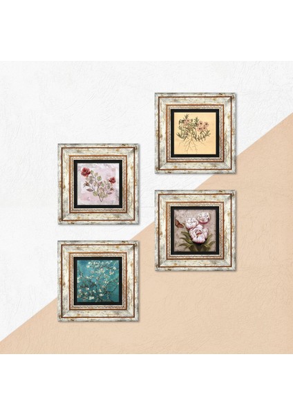 Gül, Vintage Çiçek, Van Gogh Badem Ağacı, Kelebekli Çiçek Çerçeveli Taş Duvar Tablosu 4’lü Set - Dekoratif Modern Sanat, Ev ve Ofis Dekoru |TK4-1865| indirimleri