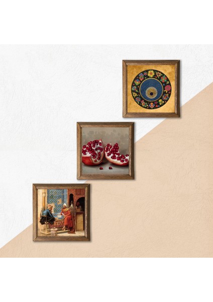 Nazar Boncuğu, Satranç Oyunu, Nar Taş Duvar Tablosu Ahşap Çerçeveli Duvar Dekoru 3 Parça Tablo Seti Wall Art W3-1600