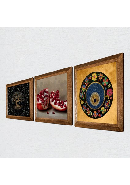 Hayat Ağacı, Nazar, Nar Taş Duvar Tablosu Ahşap Çerçeveli Duvar Dekoru 3 Parça Tablo Seti Wall Art W3-1603 fiyatları