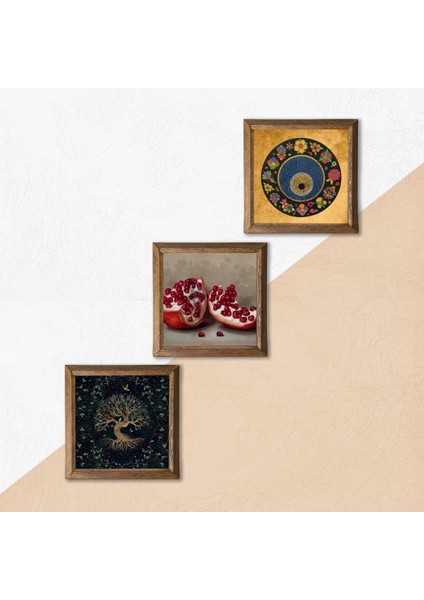Hayat Ağacı, Nazar, Nar Taş Duvar Tablosu Ahşap Çerçeveli Duvar Dekoru 3 Parça Tablo Seti Wall Art W3-1603 indirimleri
