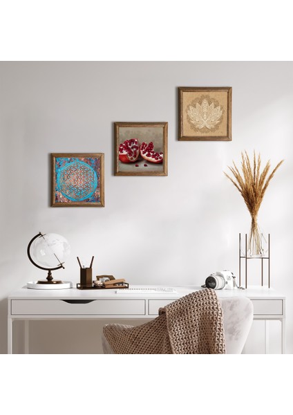 Yaşam Çiçeği, Lotus Çiçeği, Nar Taş Duvar Tablosu Ahşap Çerçeveli Duvar Dekoru 3 Parça Tablo Seti Wall Art W3-1644