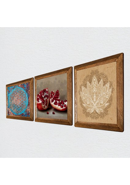 Yaşam Çiçeği, Lotus Çiçeği, Nar Taş Duvar Tablosu Ahşap Çerçeveli Duvar Dekoru 3 Parça Tablo Seti Wall Art W3-1644 fiyatları